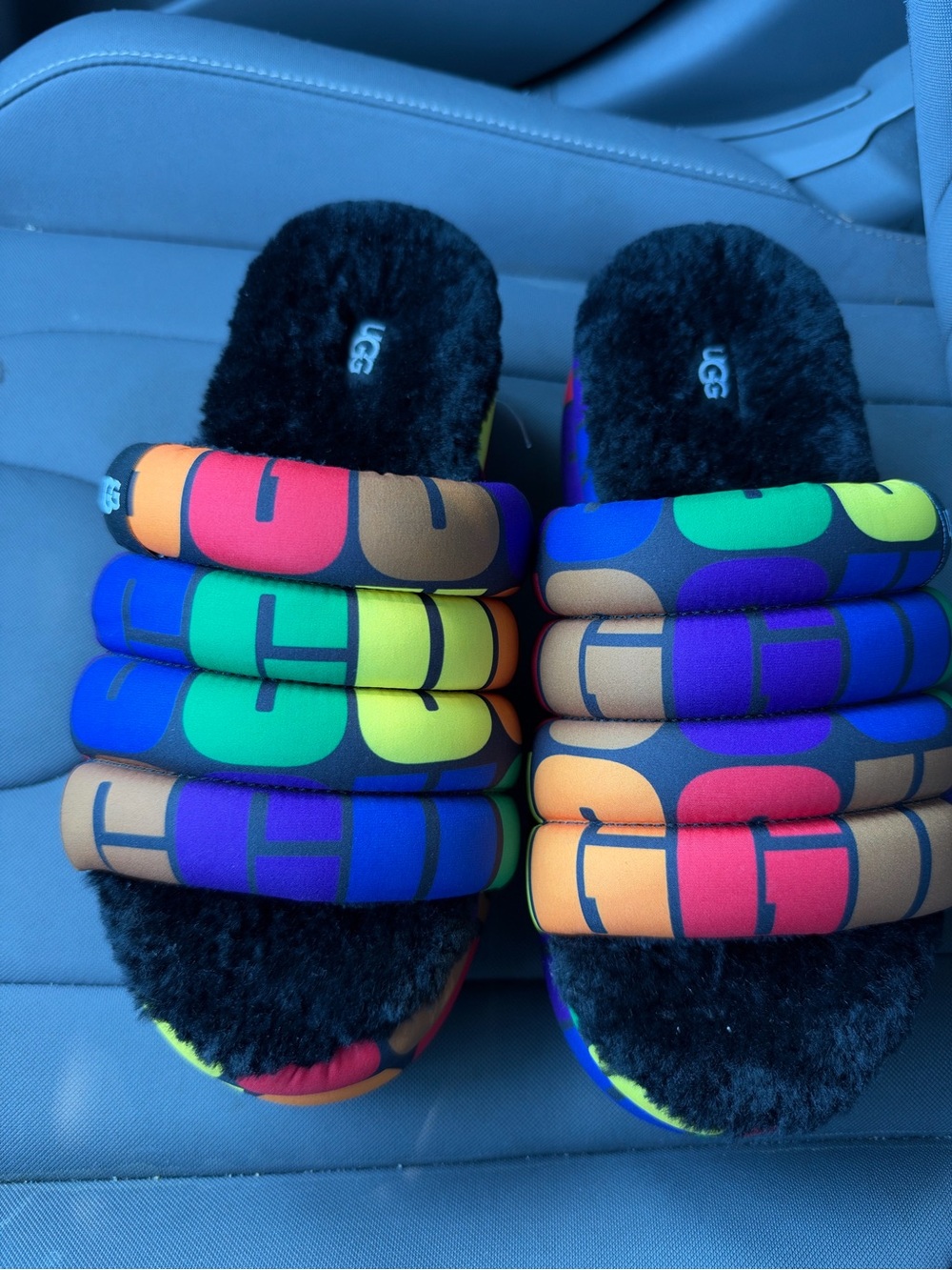 UGG Kids Multicolor Puff Strap Slide with Black Shearling Footbed